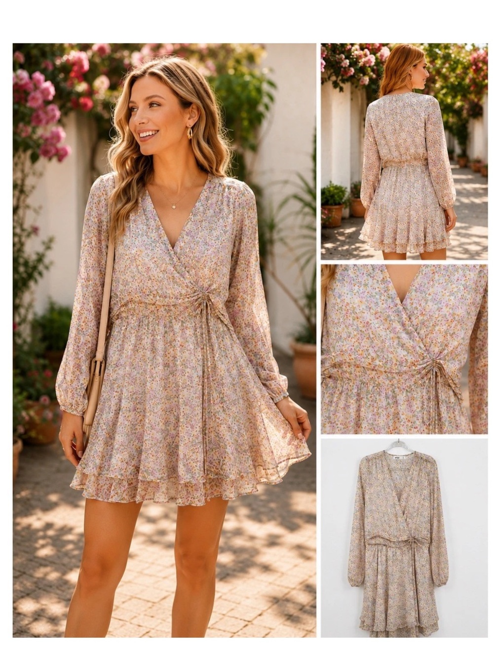 Elodie Dress Beige Cream Floral Cottagecore Large L